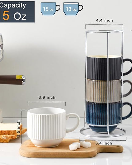 HASENSE Coffee Cups Set of 4 with Stand, 15 OZ Stackable Coffee Mugs with Handle for Tea, Cocoa, Cappuccino, Latte and Americano, Porcelain Vertical Stripe Coffee Cups for Men and Women, Colorful
