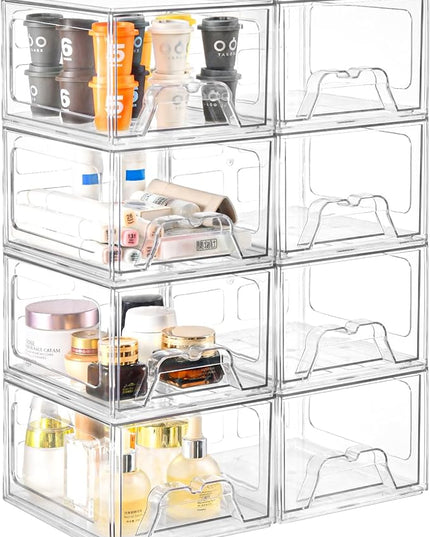 8 Pack Stackable Makeup Organizer, 4.4'' Tall Acrylic Bathroom Makeup Organizer and Storage Drawer with Pull-out Handle, Clear Plastic Storage Bins for Vanity,Pantry,Desk,Undersink,Kitchen