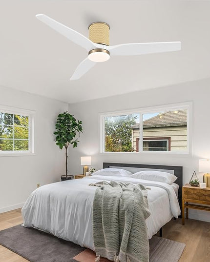 52" Ceiling Fan with Light - Low Profile Flush Mount Ceiling Fan, 6-Speed Remote Control, Solid Wood, Quiet Reversible DC Motor, Boho Style, for Bedroom, Living Room, Porch White/Gold