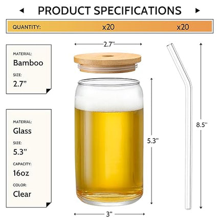 VITEVER [ 20pcs Set ] Glass Cups with Bamboo Lids and Glass Straw - Beer Shaped 16 oz Iced Coffee Drinking Glasses, Cute Tumbler Cup for Smoothie, Boba Tea, Whiskey, Water