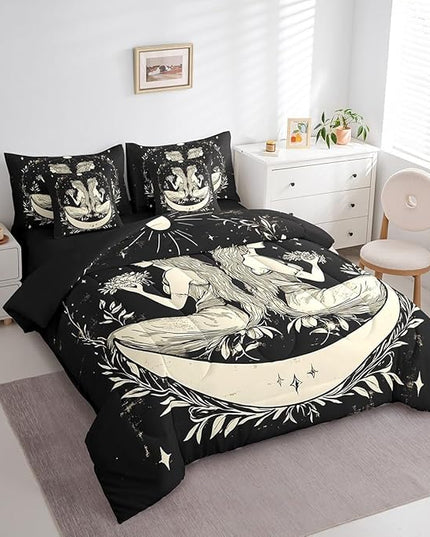 Feelyou 7 Piece Sun and Moon Bed in a Bag Queen for Boys Kids Rustic Garden Sheet Set,Constellation Galaxy for Girls Women Gemini Galaxy Bedding Set with Comforter Boho Mandala Cushion Covers