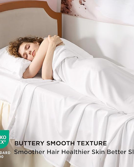 Bedsure Cooling Sheets Twin XL, Rayon Derived from Bamboo, Breathable & Soft Twin XL Sheet Sets, Deep Pocket Up to 16 Inches, Hotel Luxury Silky Dorm Bedding for Hot Sleepers, White