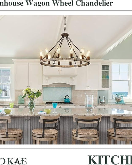 Farmhouse Wagon Wheel Chandelier 31" Wooden Chandelier Light Fixture 12-Light Rustic Chandeliers for Dining Room Living Room Entryway Foyer