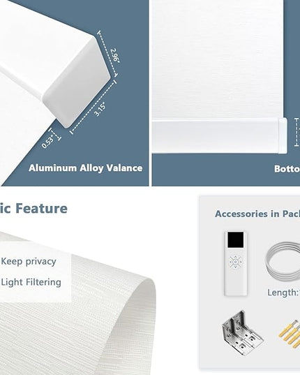Motorized Blinds with Remote Cordless Automatic Motorized Shades Custom Blinds for Indoor Windows Smart Curtains with Alexa Google Home(Light Filtering Cloud White,W24 x H72in)