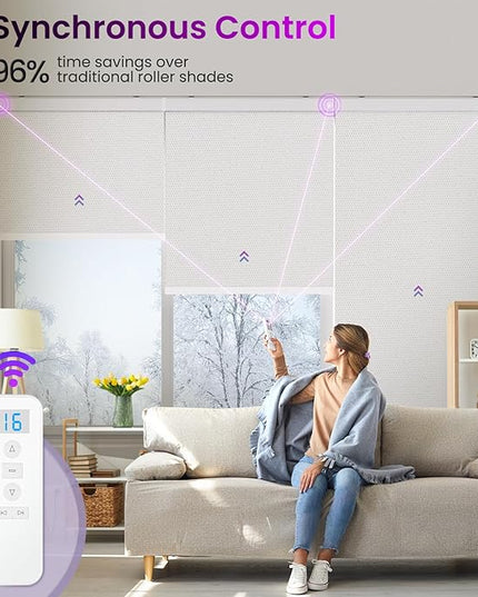 Astomi Motorized Roller Shades for Windows, Blackout Smart Blinds for Indoor, Effortless Remote & Voice Control, Compatible with Alexa, Google Home, Custom Size，Fabric-Pure White