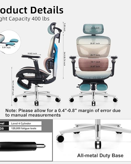 Ergonomic Home Office Desk Chair with Massage Lumbar Support，4D Headrest & 5D Armrests, Reclining Big and Tall 400LBS Mesh Chair with Footrest，Adjustable Back High and Seat Depth (Black Rainbow)