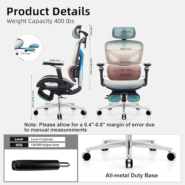 Ergonomic Home Office Desk Chair with Massage Lumbar Support，4D Headrest & 5D Armrests, Reclining Big and Tall 400LBS Mesh Chair with Footrest，Adjustable Back High and Seat Depth (Black Rainbow)