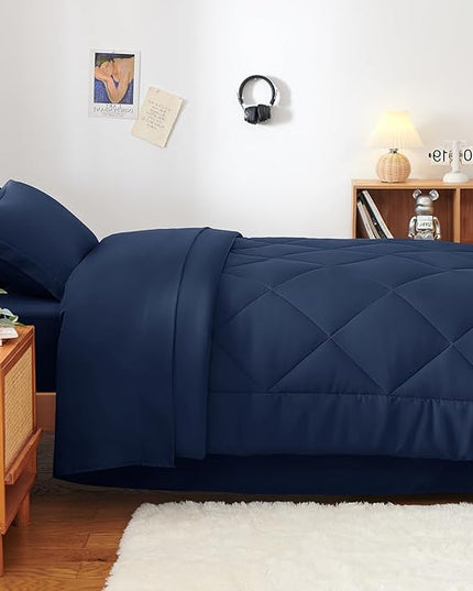 CozyLux Twin XL Comforter Set Navy Blue - 5 Pieces Twin Extra Long Bed in a Bag for College Dorm, All Season Bedding Set for Girls and Boys, Soft Bed Set with Comforter, Sheets, Pillowcase & Sham