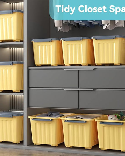 Nazhura Plastic Storage Bin, Stackable and Nestable Storage Boxes with White Lids and Secure Latching Buckles, Large Storage Container (Yellow/Purple, 72Quart-6Pack)