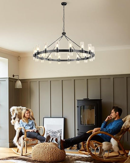 48 Inch Black Chandelier, Wagon Wheel Chandelier with Glass Shade, 16-Lights Large Round Modern Farmhouse High Ceiling Industrial Pendant Lighting Fixture for Dining Room, Living Room, Kitchen, Foyer