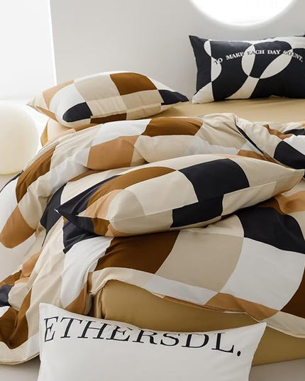 Luxlovery Beige Brown Plaid Comforter Set King Checkered Bedding Set Grid Geometric Blanket Quilts Soft Breathable Buffalo Modern Abstract Comforter for King Bed