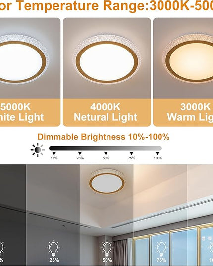16 Inch Golden Crystal LED Flush Mount Light Fixtures, 24W Dimmable Modern Ceiling Lights, 3000K/4000K/5000K Adjustable Lamps for Bedroom, Kitchen, ETL Listed