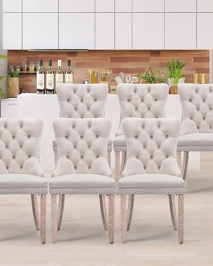 SoarFlash Velvet Dining Chair Set of 8, Upholstered Tufted Dining Room Chair with Nailhead Trim and Solid Wood Leg for Kitchen (Beige)