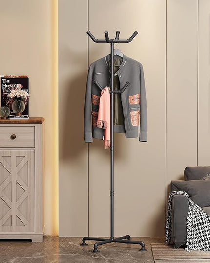 Industrial Coat Rack,Metal Pipe Coat Rack Stand Freestanding with 6 Hooks,Heavy Duty Coat Tree Sturdy Coat Racks for Entryway, Hallway, Bedroom (Black)