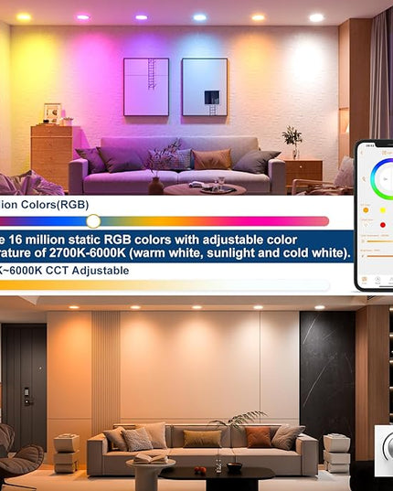 Smart Recessed Lighting 6 Inch RGBCW Color Changing 16W LED Downlight with Junction Box,1350 Lumen Recessed Ceiling Light Compatible with Alexa,Dimmable by Bluetooth Control -12Pack