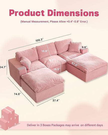 106.3” Sectional Couches for Living Room, Cloud Couch, Modular Sectional Sofa, Convertible Sofas Bed, Deep Seat Sofa, U Shaped Cozy Sofa Furniture Set, Corduroy, Pink