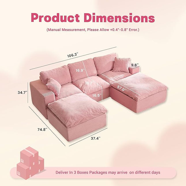 106.3” Sectional Couches for Living Room, Cloud Couch, Modular Sectional Sofa, Convertible Sofas Bed, Deep Seat Sofa, U Shaped Cozy Sofa Furniture Set, Corduroy, Pink