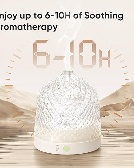 Glass Essential Oil Diffuser, 200ml Ultrasonic Aroma Diffusers with Glass Reservoir Dome & White Plastic Base Lock Color Auto-Off Timer 7 Color Light for Home Office Bedroom Yoga