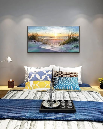 Black Wood Framed Canvas Wall Art For Living Room Large Size Wall Decor For Bedroom Ocean Beach Wall Paintings Office Decorations Sunny Sea Seascape Pictures Works Room Home Decor 20" X 40"