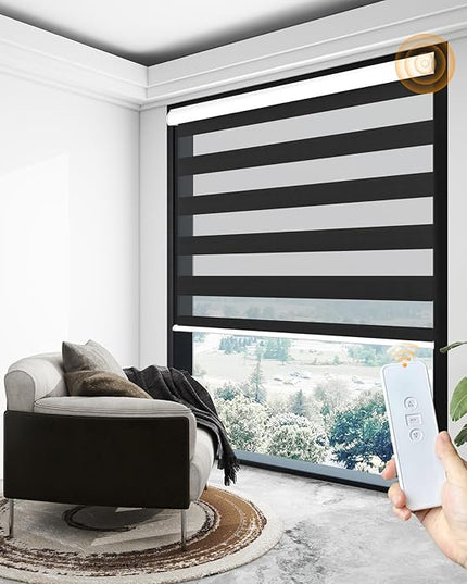 Motorized Zebra Blinds Rechargeable with Remote Blackout Cordless Zebra Shade Smart Electric Curtains for Windows and Privacy Light Filtering Roller Shades, 30" W x 72" H Black
