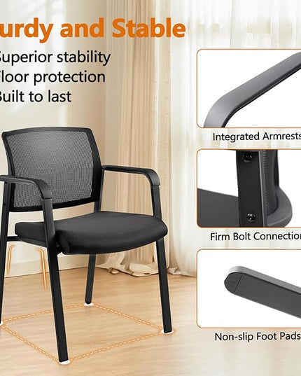 CLATINA Mesh Back Stacking Arm Chairs with Upholstered Fabric Seat and Ergonomic Lumber Support for Office School Church Guest Reception Black 4 Pack Set New Version