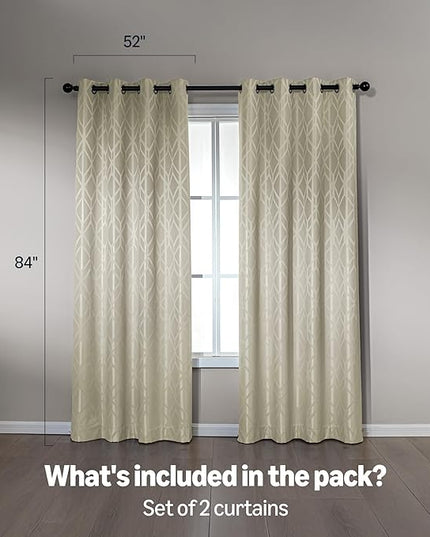 Amazon Basics Jacquard 2-Piece 100% Blackout Curtains, Living Room and Bedroom Drapes, Thermal Insulated Window Treatment, 52"x84", Beige