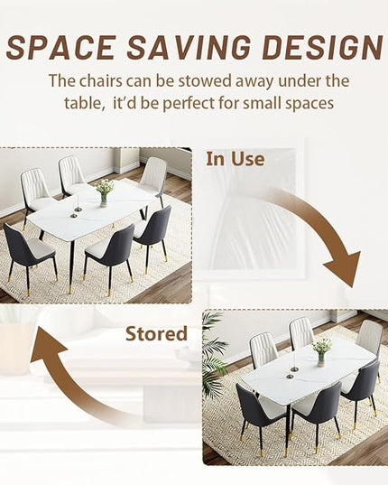 7 Piece Modern Dining Set, 62'' Sintered Stone Dinner Table for 6, 6 Chairs, Easy to Assemble