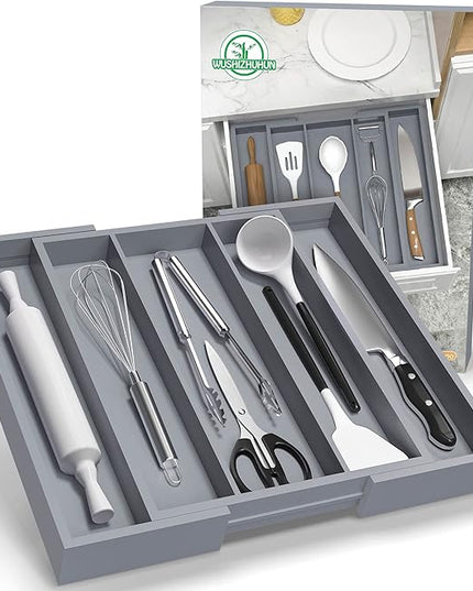Large Kitchen Utensil Drawer Organizer - Expandable 5 Slots Cooking Utensil Organizer Multipurpose Silverware Organizer for Storage Repair Tools, Painting Tools W13.7"-19.9" x L17.6" X H2.5" (Grey)