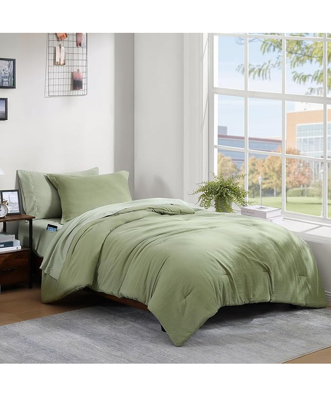 WRENSONGE Twin Comforter Set- 5 Pieces Sage Green Bed in a Bag, All Season Twin XL Bedding Sets with 1 Fitted Sheet, 1 Flat Sheet, 1 Pillow Sham and 1 Pillowcase