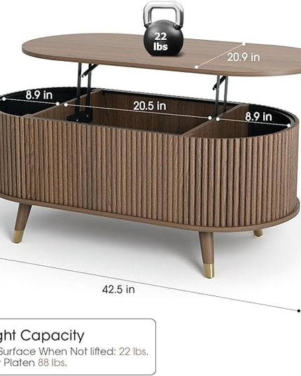 Oval Coffee Table with Storage, 42.5” Fluted Coffee Table with Lifting Top & Solid Wood Legs, Mid Century Modern Center Table for Living Room, Home Office, Walnut