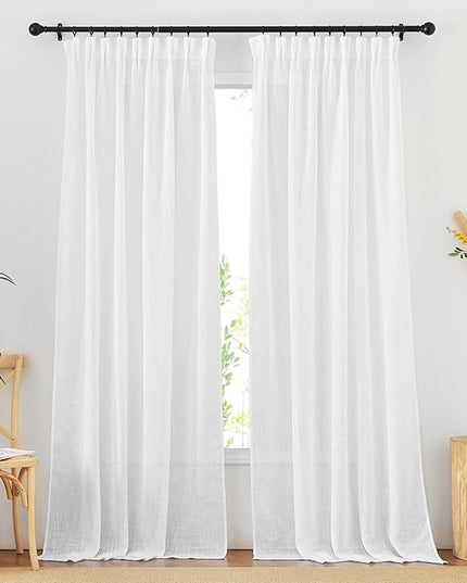 NICETOWN White Sheer Pinch Pleated Curtains 120 Inches Long - Rod Pocket Back Tab Light Filter Linen Sheer Drapes Panels Room Decor for Bedroom/Living Room (52" W x 120" L, White, 2 Panels)
