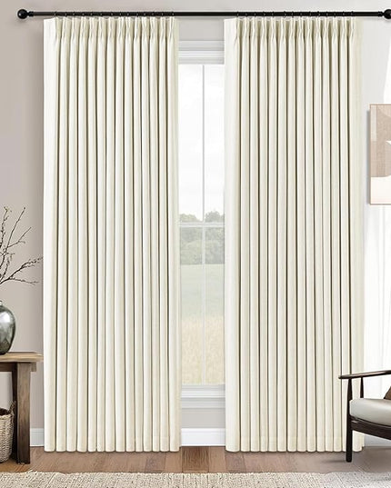 YZ HOME Cream Beige Pinch Pleated 100% Blackout Curtains 96 Inches Long Linen Room Darkening Window Curtains for Living Dining Room Thermal Insulated Pinch Pleat Double Layer Drapes with Hooks