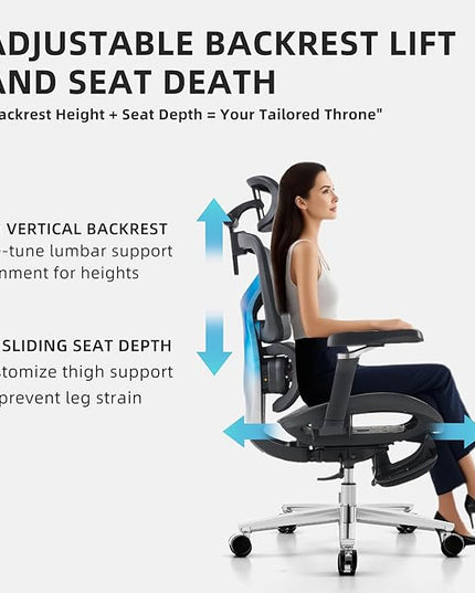 Ergonomic Home Office Desk Chair with Massage Lumbar Support，4D Headrest & 5D Armrests, Reclining Big and Tall 400LBS Mesh Chair with Footrest，Adjustable Back High and Seat Depth(Black)