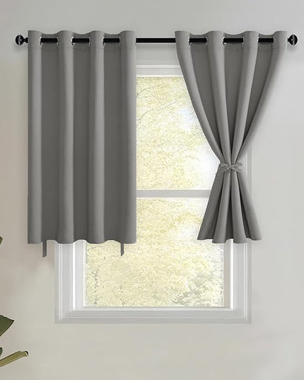 JIUZHEN Short Curtains Kitchen Half Window Blackout Curtains with Tiebacks for Baseroom Shadows, Grommet Curtains for Living Room, Set of 2 Window Curtain Panels, 52 x 36 Inch Length，Light Grey