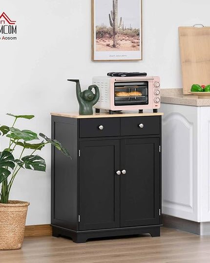 HOMCOM Sideboard Buffet Cabinet with Solid Wood Countertop, Modern Kitchen Storage Cabinet, Coffee Bar Cabinet with 2 Drawers, Doors and Adjustable Shelf, Black