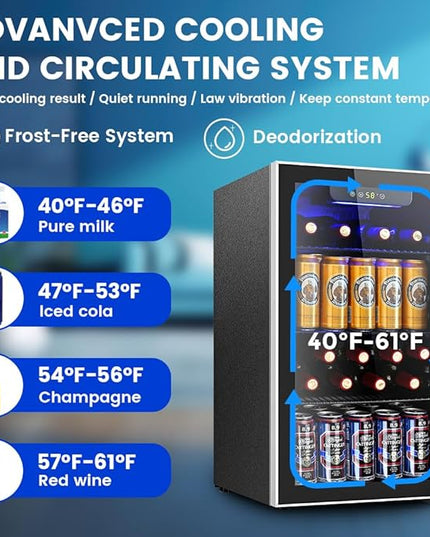 Mini Fridge 130 Can Beverage Refrigerator Cooler, 3.2 Cu.Ft Drink Fridge for Soda Wine Beer, Adjustable Temperature Control for Home Office, Black