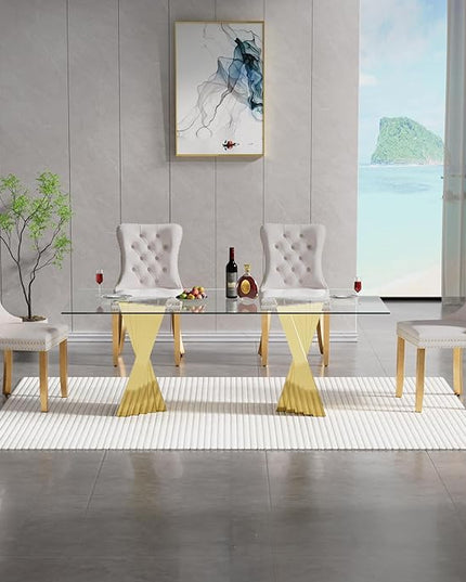 5 Piece Glass Dining Table Set,70" Dinner Room Glass Table Set for 4,Modern Kitchen Dinner Table Set with Stainless Steel Base and 4 Upholstered Velvet Dining Chairs for Living Dining Room
