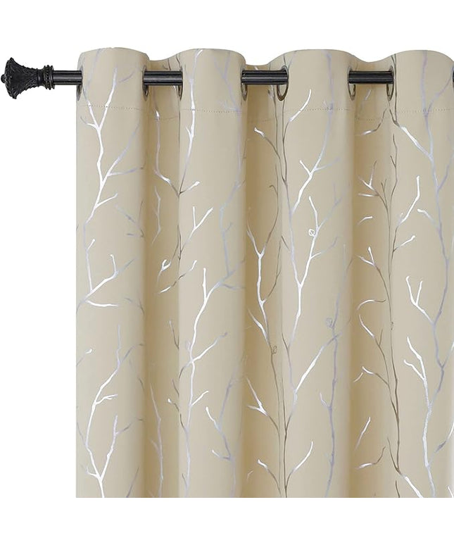 BUHUA Black Out Curtains 108 Inch Long 2 Panels, Soundproof Curtains with Elegant Silver Tree Branches Print, Heat Blocking Curtains for Livingroom, 52W x 108L, Beige