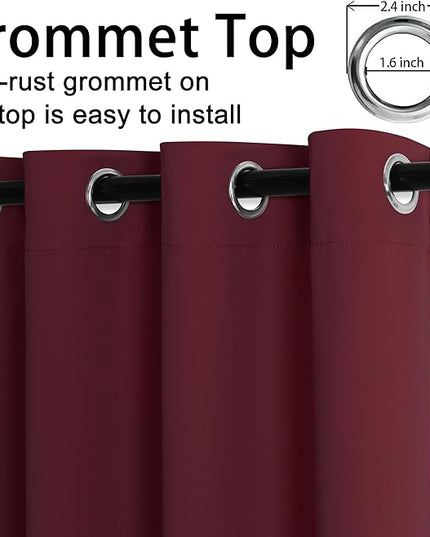 JIUZHEN Burgundy Blackout Curtains with Tiebacks Thermal Insulated, Light Blocking and Noise Reducing Grommet Curtains for Bedroom and Living Room, Set of 2 Window Curtain Panels, 42 x 84 Inch Length