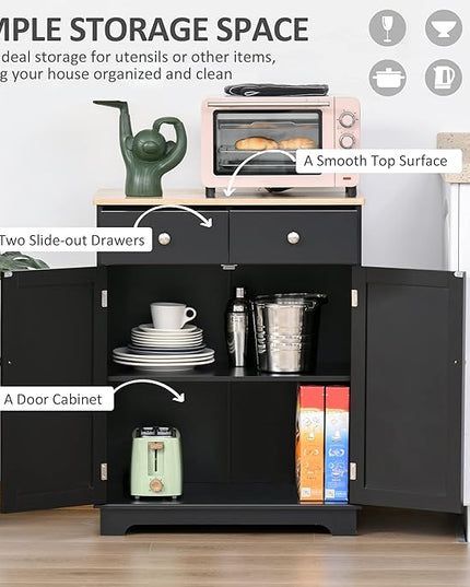 HOMCOM Sideboard Buffet Cabinet with Solid Wood Countertop, Modern Kitchen Storage Cabinet, Coffee Bar Cabinet with 2 Drawers, Doors and Adjustable Shelf, Black
