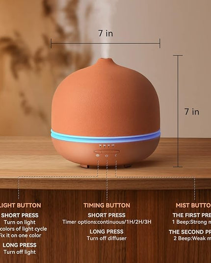 Wanlola Stone Diffusers for Essential Oils Large Room,500ml Handmade Ceramic Diffuser with 4 Timer & 10 Ambient Light Settings for Home Office (Terracotta)