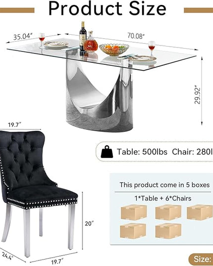 7 Piece Dining Table Set, Modern Glass Dining Table Set for 6 with Velvet Chairs, 70" Luxury Dining Table Chairs Set of 6, Kitchen Dining Room Sets for Dinner Dinette Breakfast Banquet, Black+Silver