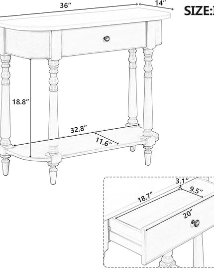 HMFULE Retro Curved Console Table, 36" Solid Wood Half Moon Console Table Sofa Table Entryway Table with 1 Drawer 1 Open Shelf Roman Legs Curved Corners for Living Room,Entryway,Hallway,White