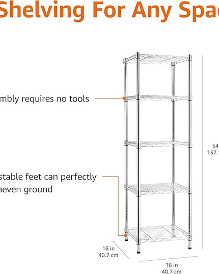 Amazon Basics 5-Shelf Tower Adjustable Storage Shelving Unit, Chrome, 16 D x 16 W x 54 H in