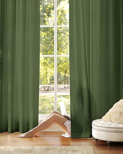 Anmao Non-See-Through Olive Green Privacy Semi Sheer Curtains for Living Room 54 Inch Length 2 Panels Set, Light Filtering That Let Light in Rod Pocket Window Drapes for Bedroom, 52W x 54L, Dark Green