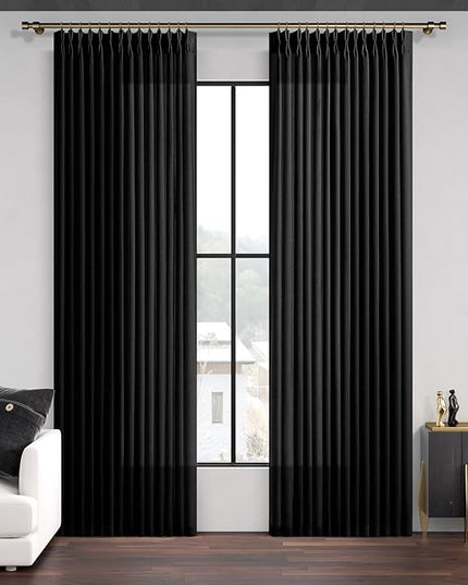 Pinch Pleated Black Linen Curtains 84 inches Long for Bedroom, 2 Panels Set Light Fitering Privacy Luxury Thick Flax Blend Window Curtain with Hooks Rings Rustic Living Room Drapes 84" Length