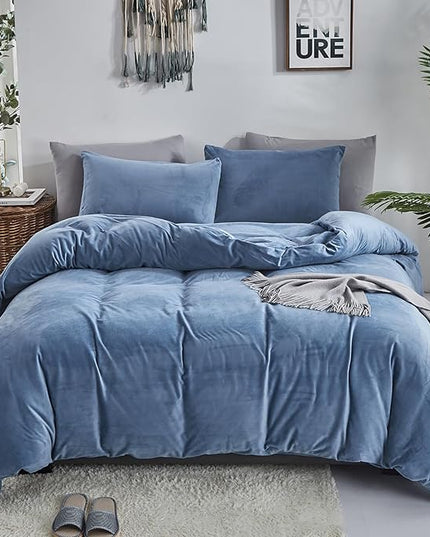 Luxlovery Blue Velvet Comforter Set Full Lake Blue Flannel Plush Bedding Set Winter Thick Warm Solid Fluffy Quilts Blanket Soft Heavyweight Comforter Set for Full Bed