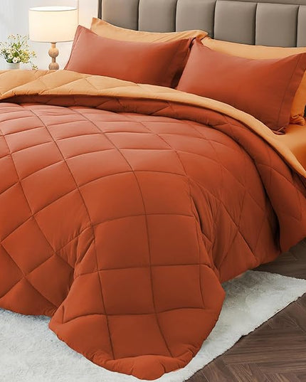 MUXHOMO 7 Pieces Queen Comforter Set, Reversible Bed in a Bag Queen Size, All Season Bedding Set with Comforter, Flat Sheet, Fitted Sheet, Pillowcases & Shams, Burnt Orange & Camel