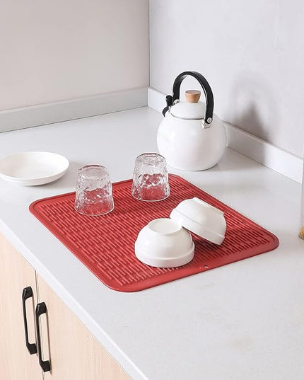 Silicone Dish Drying Mat for Multiple Usage,Easy clean,Eco-friendly,Heat-resistant Silicone Mat for Kitchen Counter or Sink,Refrigerator or Drawer Liner Red XL 18 inches x 16 inches