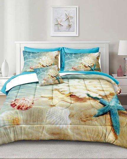 Bedbay Coastal Bedding King Size Beach Comforter Set with Sheet Blue Ocean Beach Themed Bedding Set King Bad in a Bag 8 Pcs Soft Microfiber Ocean Comforter All Season Bed Set (Ocean,King)